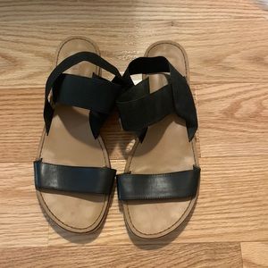 Womens size 8 sandals, black straps tan soles